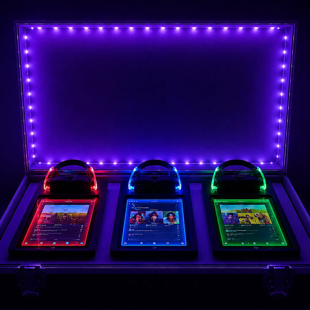 Three pairs of LED silent disco headphones in their case, glowing red, blue and green.