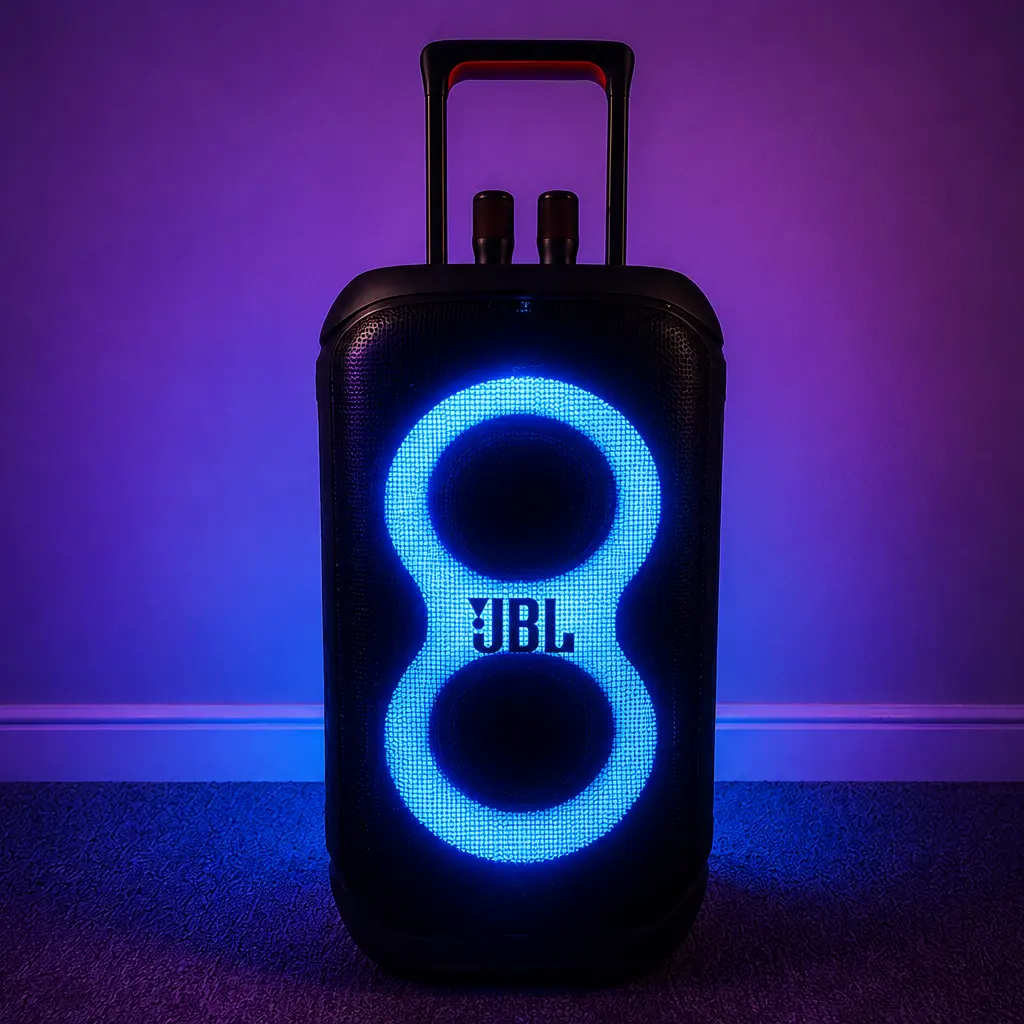 A JBL PartyBox speaker lit up blue.