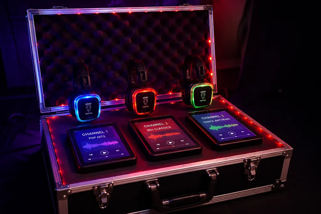 A flight case holding the three silent disco channels, each with a screen and a pair of LED headphones.